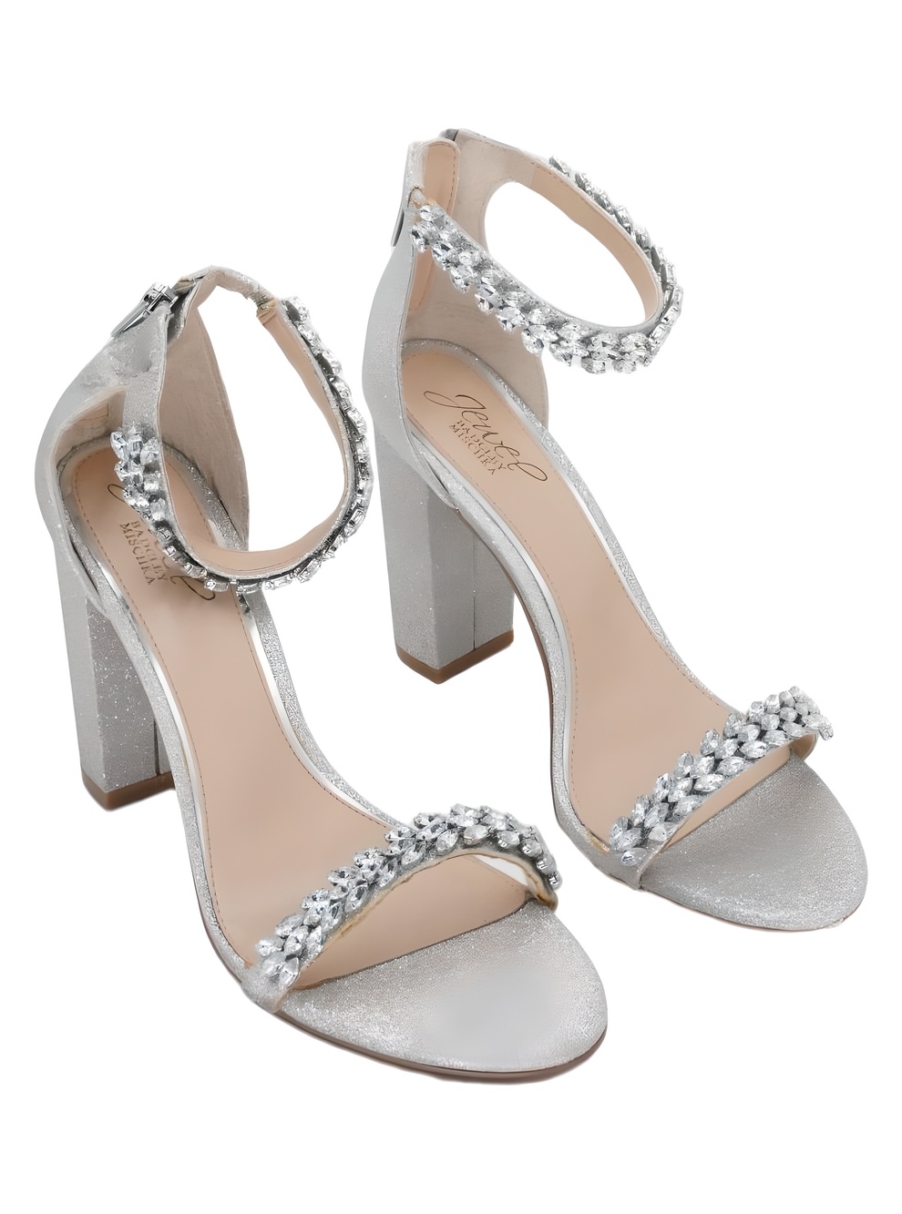 Jewel Badgley Mischka Mayra Silver Glitter Embellished Block Heel Size 9.5M